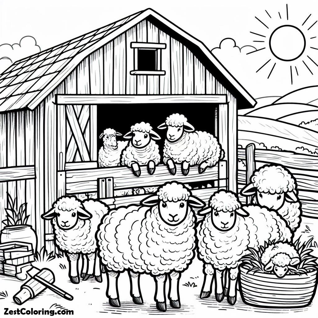 Barn, The Sheep Enjoy A Day In The Barn Coloring Page: The Sheep Enjoy A Day In The Barn Coloring PageFull Size Image