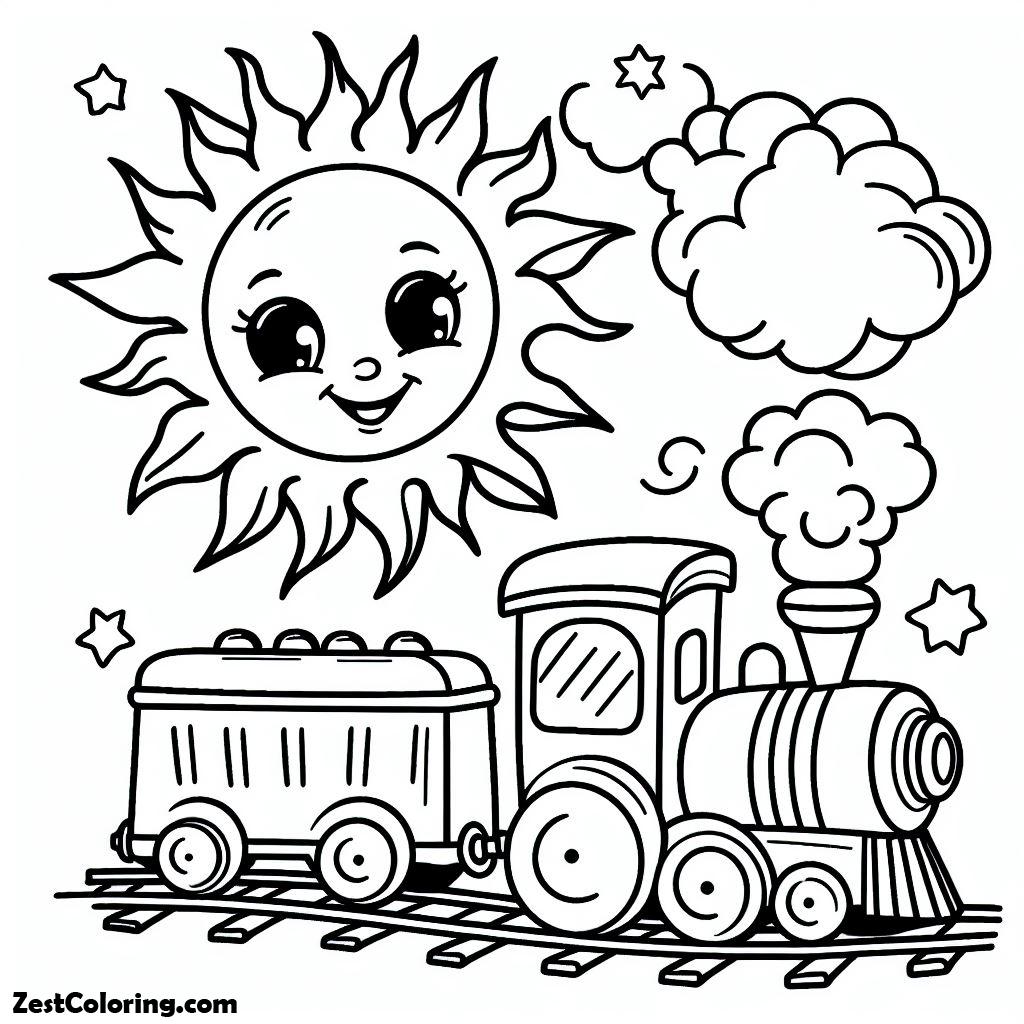 Train, The Smiling Sun Shines On The Train Coloring Page: The Smiling Sun Shines On The Train Coloring PageFull Size Image