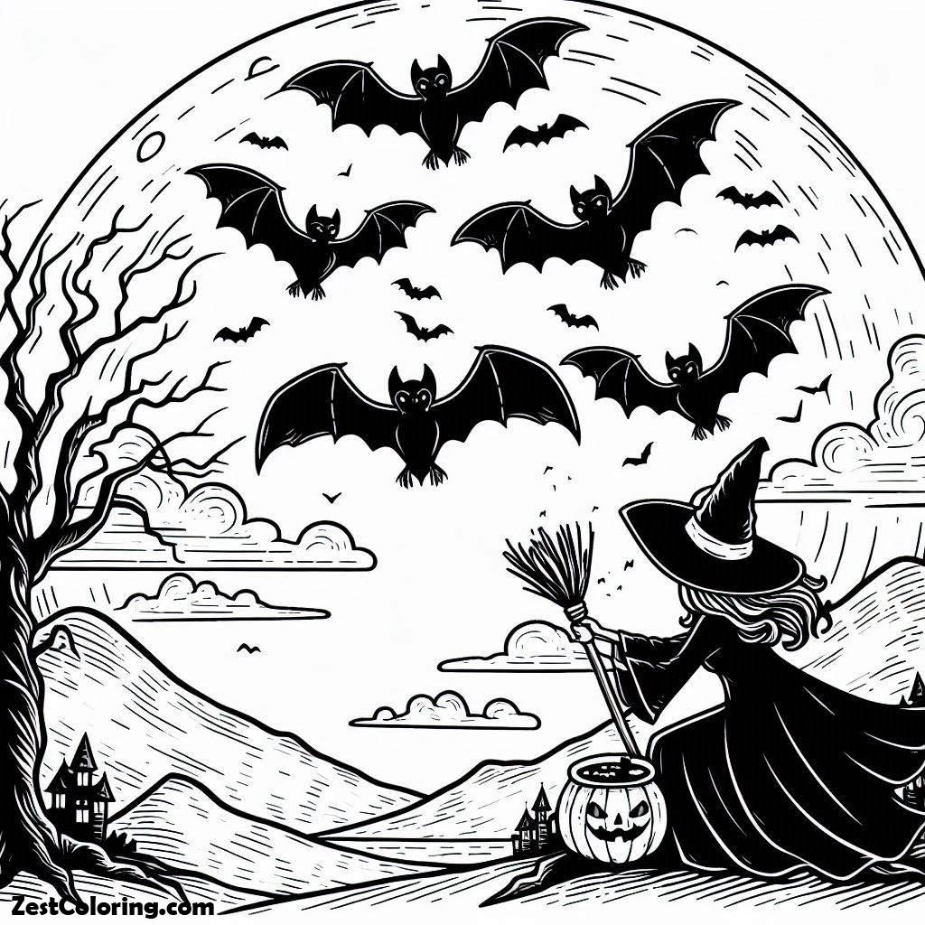 Bats, The Witch Friend With Bats Coloring Page: The Witch Friend With Bats Coloring PageFull Size Image