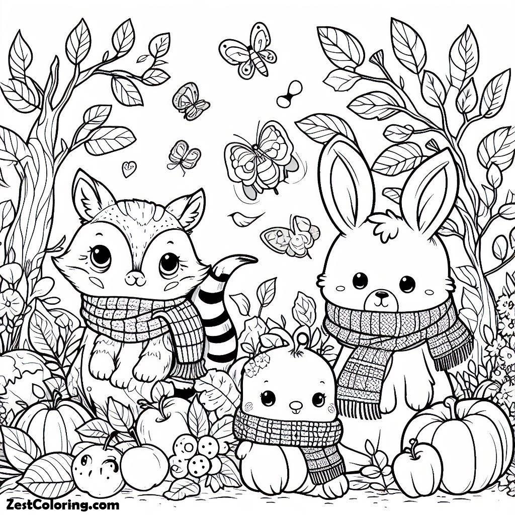 Autumn, Three Animal In Autumn Season Coloring Page: Three Animal In Autumn Season Coloring PageFull Size Image