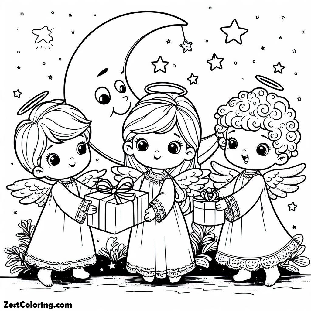 Angels, Three Little Angels Bring A Present For The Moon Coloring Page: Three Little Angels Bring A Present For The Moon Coloring PageFull Size Image