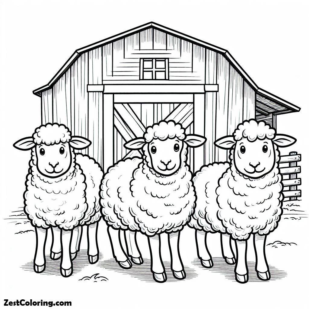 Barn, Three Sheep Front Of The Barn Coloring Page: Three Sheep Front Of The Barn Coloring PageFull Size Image