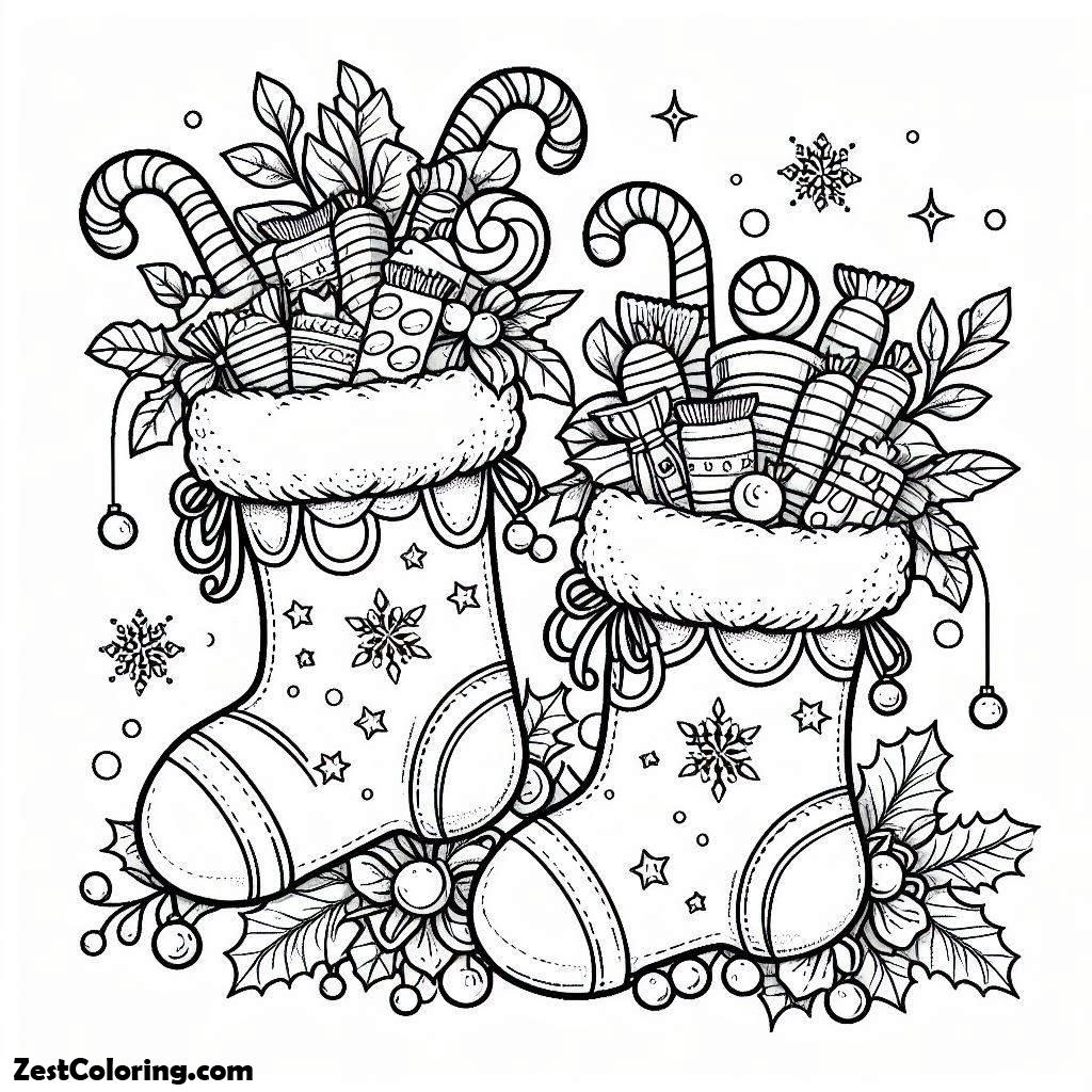Christmas, Two Beautiful Christmas Stocking Full Of Candy On Christmas Coloring Page: Two Beautiful Christmas Stocking Full Of Candy On Christmas Coloring PageFull Size Image
