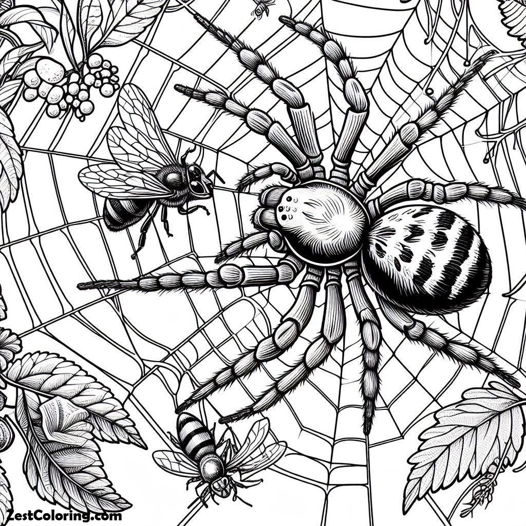 Spider, Two Bees Trapped In A Spider’s Web Coloring Page: Two Bees Trapped In A Spider's Web Coloring PageFull Size Image