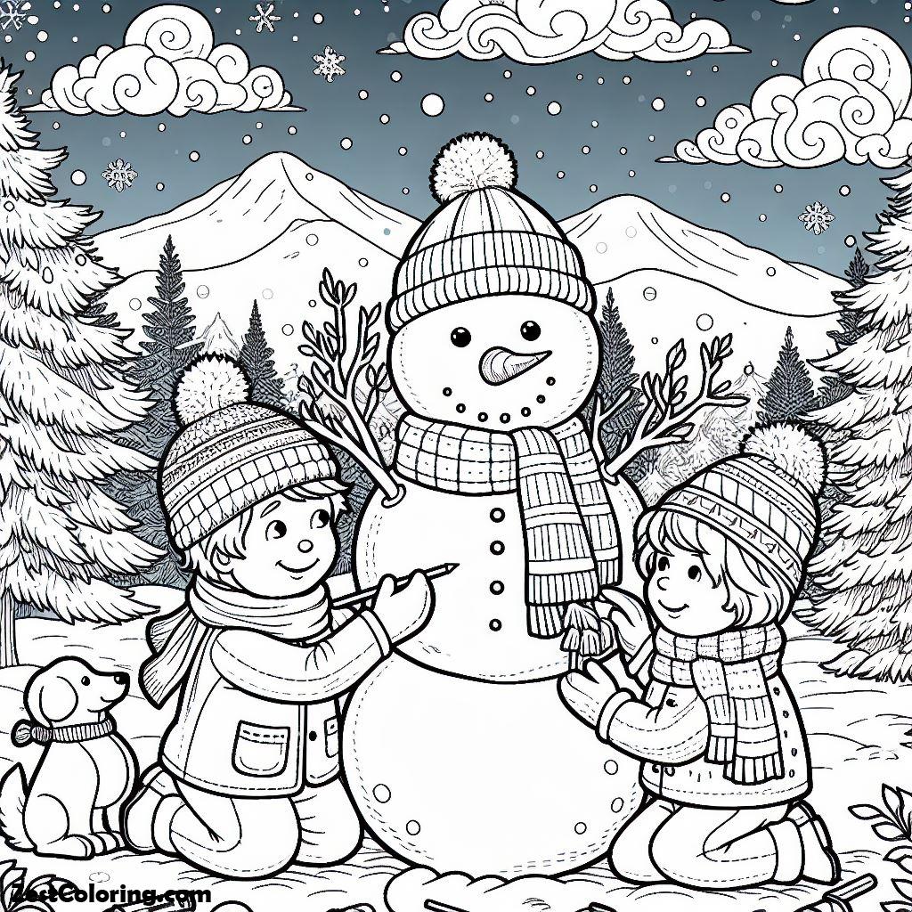 Snowman, Two Children And A Dog Are Seriously Making A Snowman Coloring Page: Two Children And A Dog Are Seriously Making A Snowman Coloring PageFull Size Image