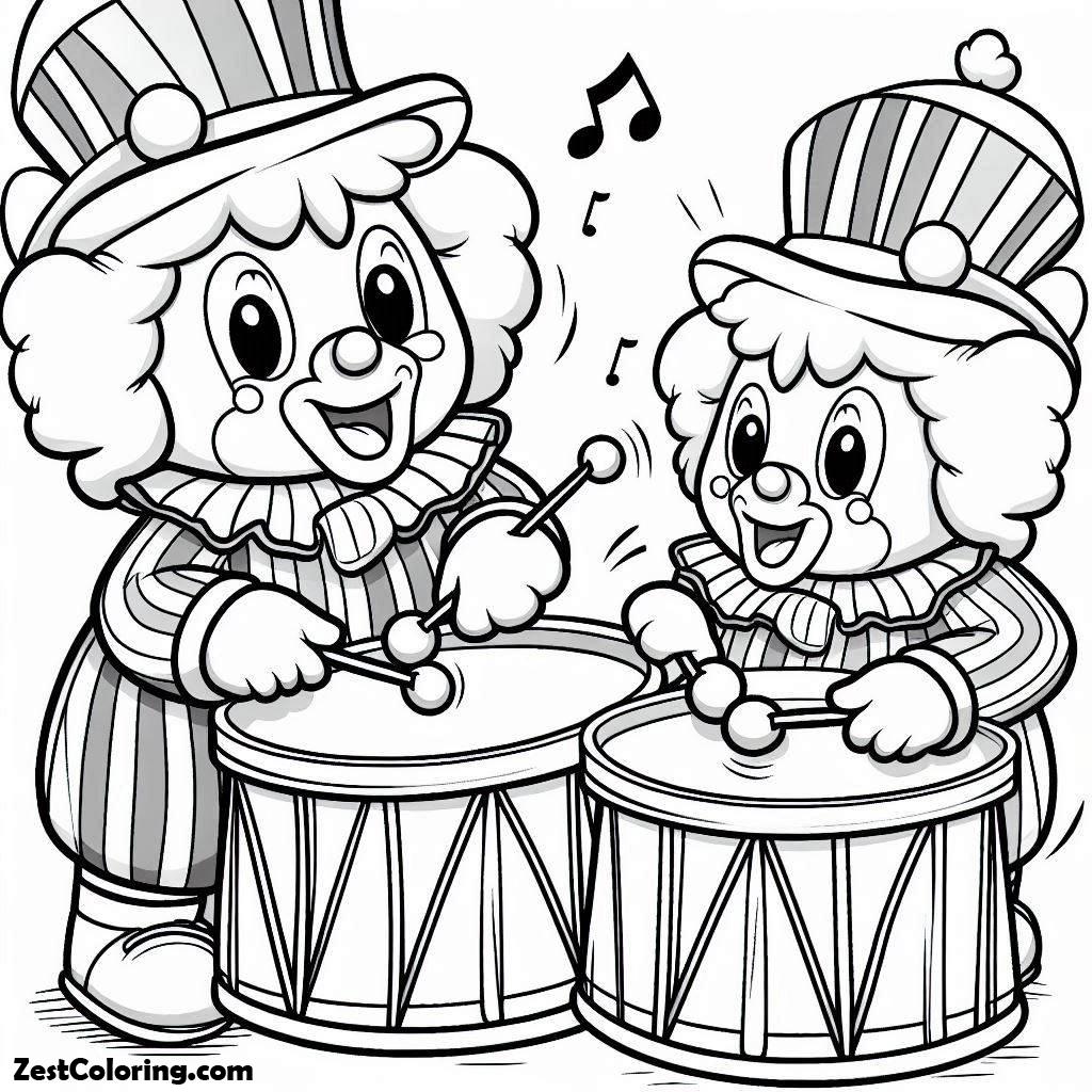 Clown, Two Clowns Beating The Drum Coloring Page: Two Clowns Beating The Drum Coloring PageFull Size Image