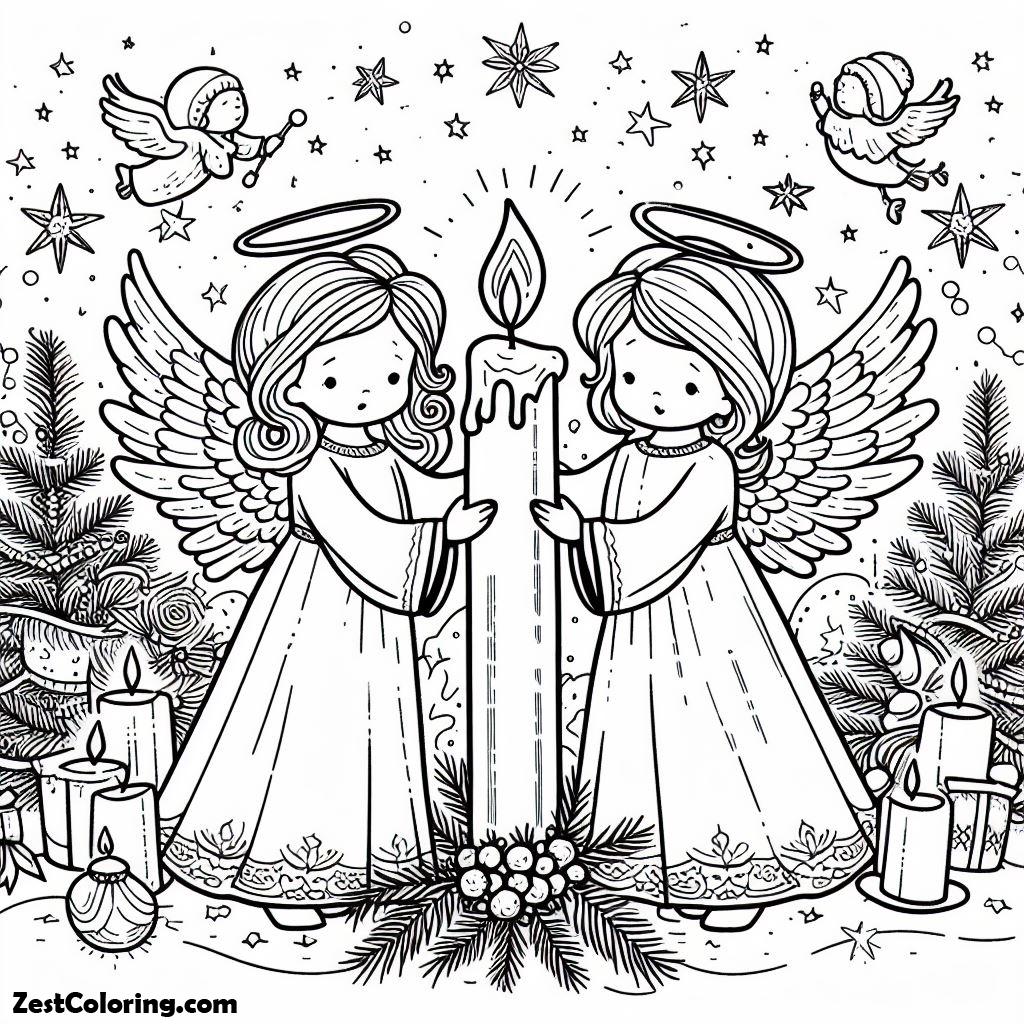 Angels, Two Cristmas Angels In Light Of Candle Coloring Page: Two Cristmas Angels In Light Of Candle Coloring PageFull Size Image