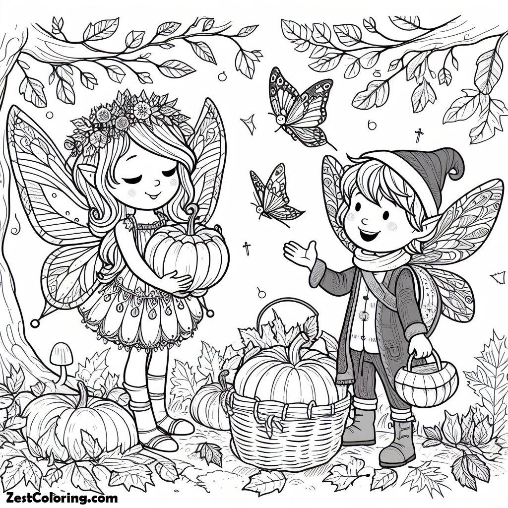 Autumn, Two Fairies In Autumn Season Coloring Page: Two Fairies In Autumn Season Coloring PageFull Size Image