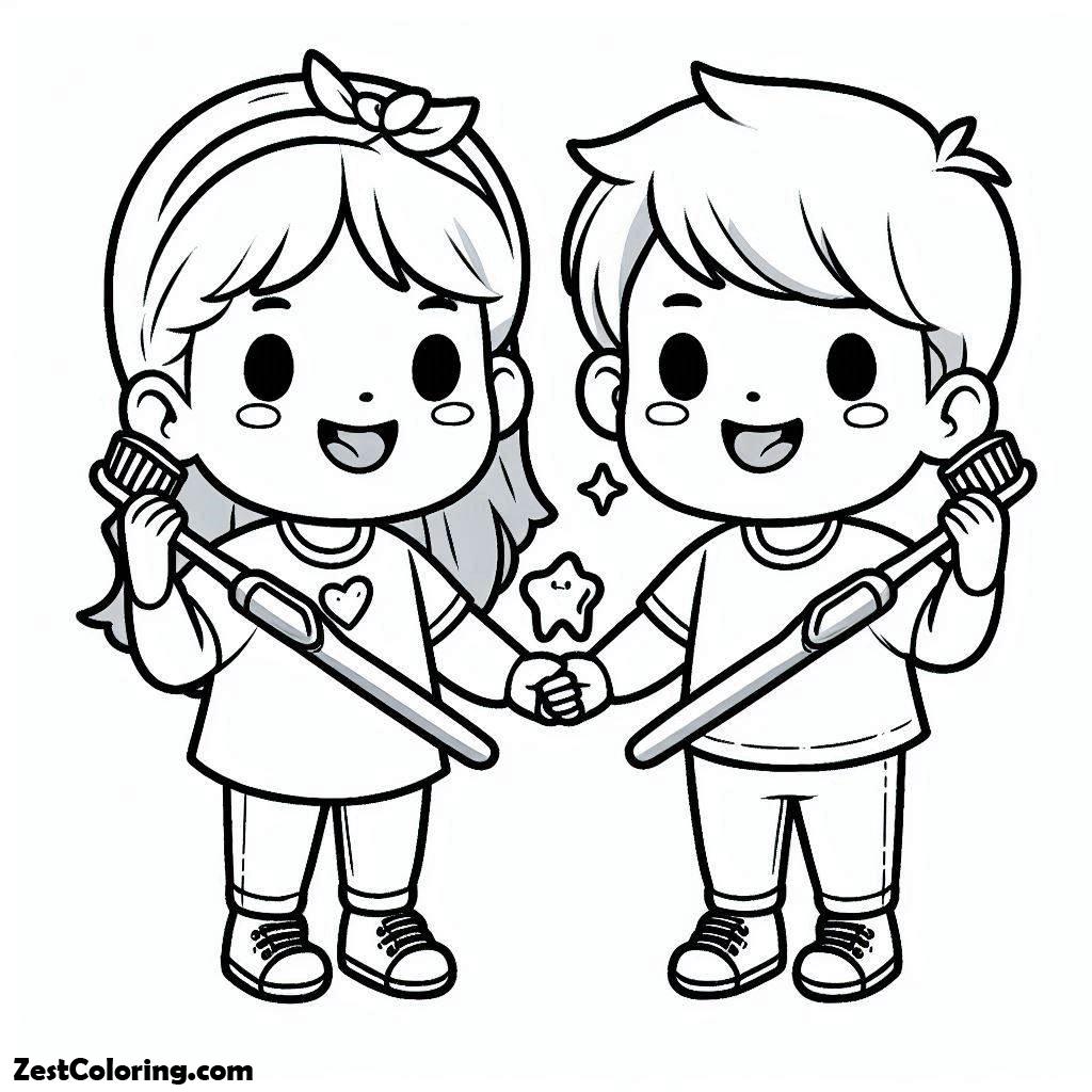 Clown, Two Kids Holding Tooth Brush In Dental Health Coloring Page: Two Kids Holding Tooth Brush In Dental Health Coloring PageFull Size Image