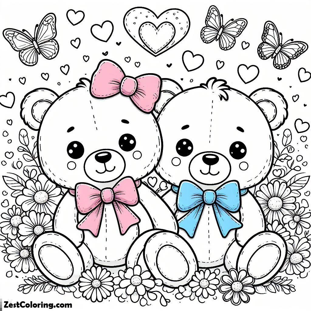 Teddy Bear, Two Little Couple Teddy Bear Coloring Page: Two Little Couple Teddy Bear Coloring PageFull Size Image