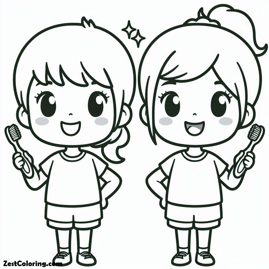 Clown, Two Little Girl Holding Toothbrushes Preparing To Brush Their Teeth In Dental Health Coloring Page: Two Little Girl Holding Toothbrushes Preparing To Brush Their Teeth In Dental Health Coloring PageFull Size Image