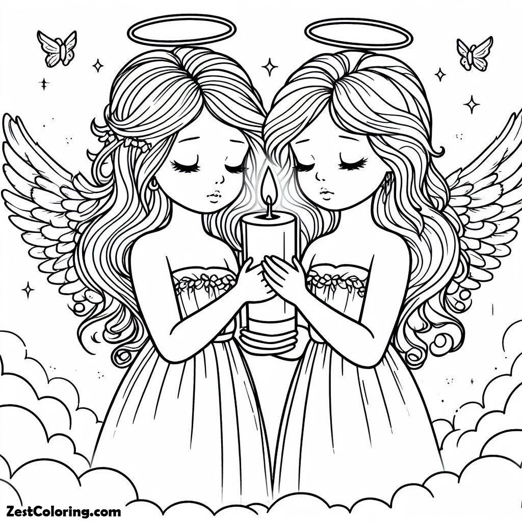 Angels, Two Of Loving Angels Holding Candle Coloring Page: Two Of Loving Angels Holding Candle Coloring PageFull Size Image