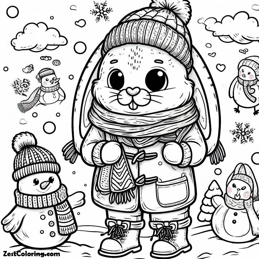 Winter, Ugly Rabbit On Complete Winter Season Outfit Coloring Page: Ugly Rabbit On Complete Winter Season Outfit Coloring PageFull Size Image