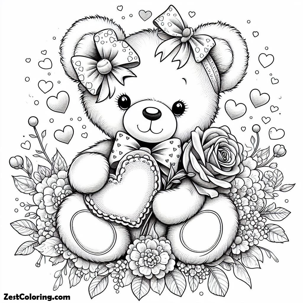 Teddy Bear, Valentine’s Girl Bear Holding Rose Coloring Page: Valentine's Girl Bear Holding Rose Coloring PageFull Size Image