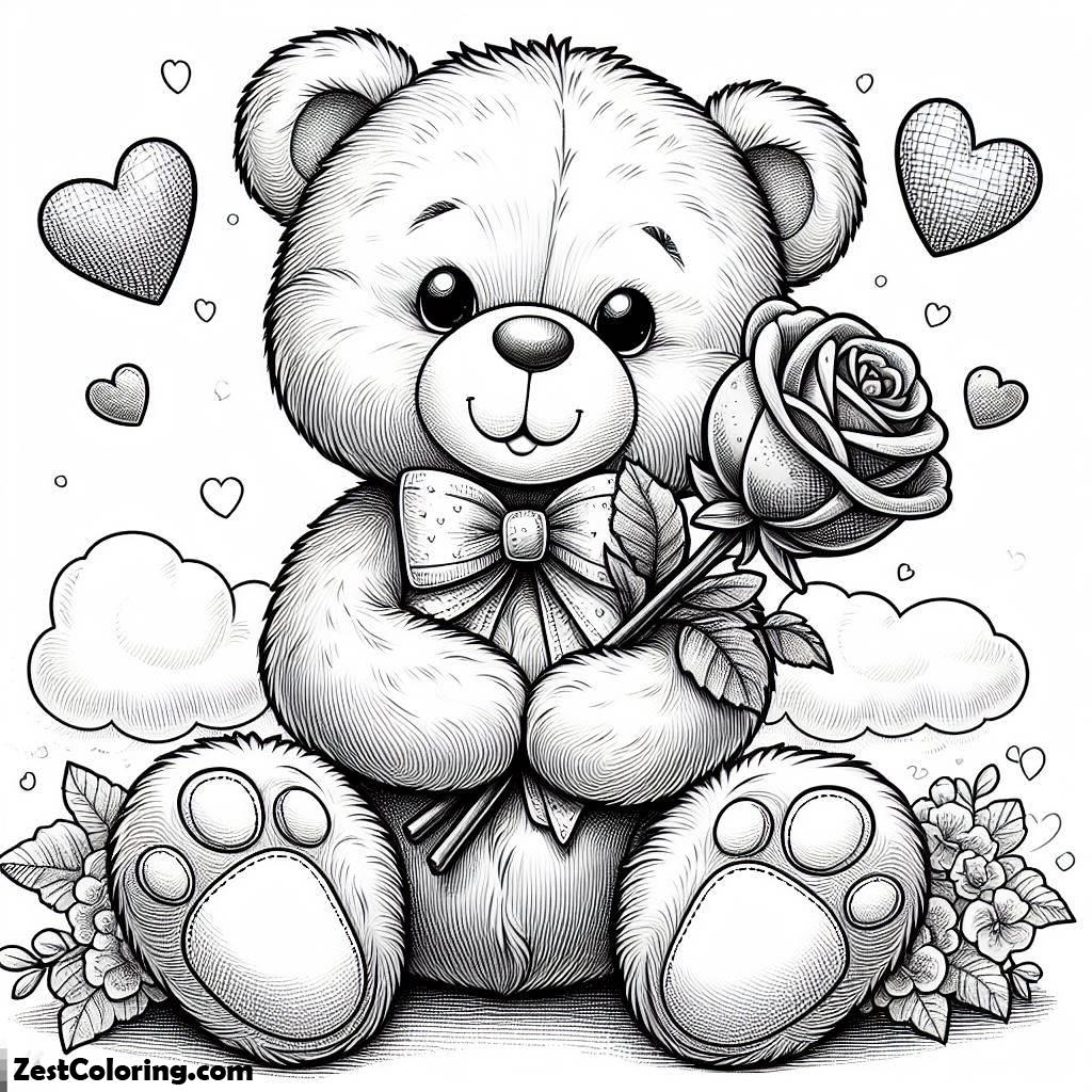 Teddy Bear, Valentine’s Teddy Bear Holding Rose Coloring Page: Valentine's Teddy Bear Holding Rose Coloring PageFull Size Image